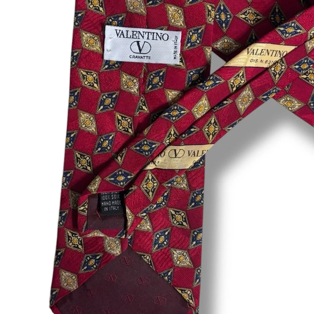 VALENTINO Red, Navy, & Gold Geometric Pattern All Silk Tie